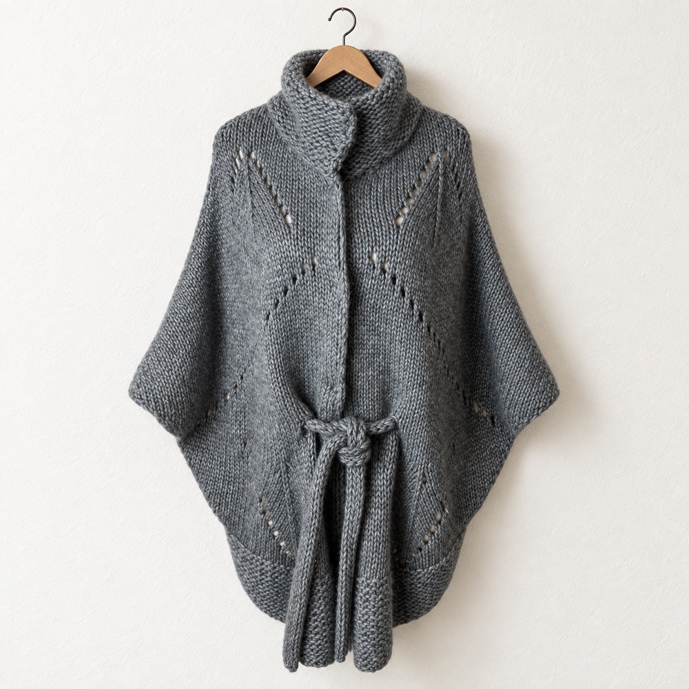 Elsamanda Poncho Sweater Women Large Grey Alpaca Wool Blend Knit Cardigan Italy